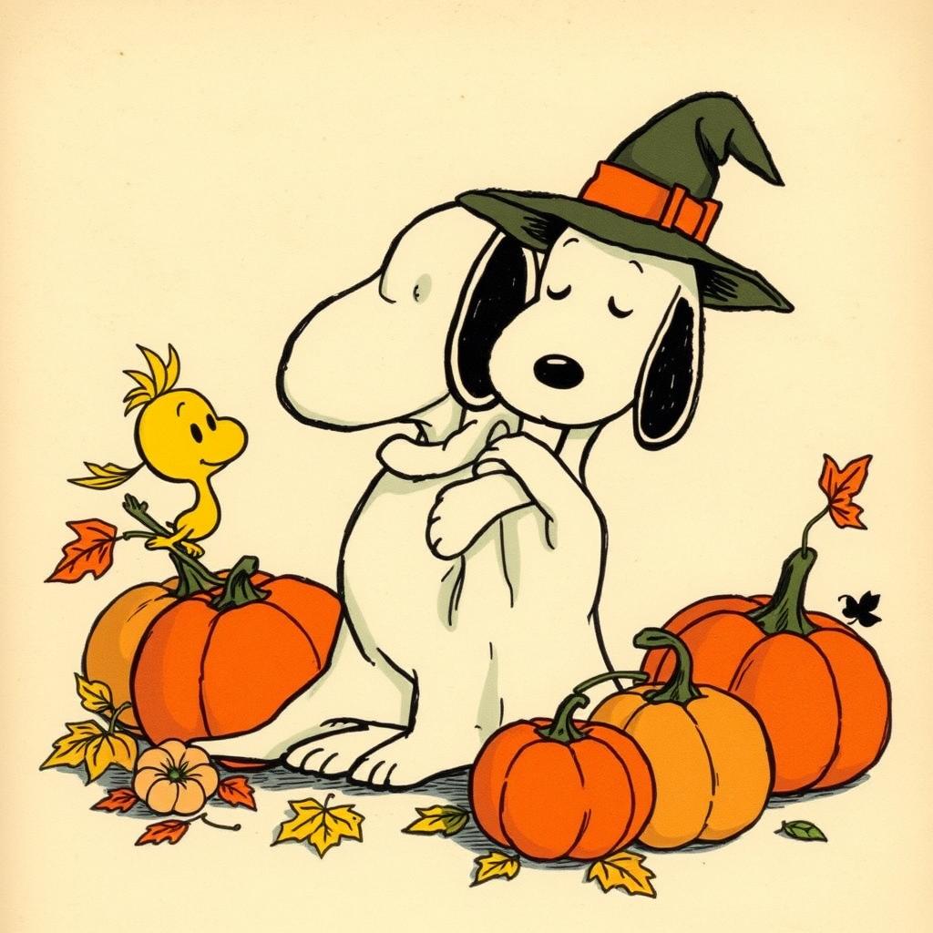 A vintage Halloween illustration featuring Snoopy and Woodstock