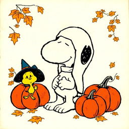 A vintage Halloween illustration featuring Snoopy and Woodstock