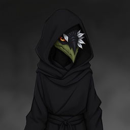 A Kenku Necromancer wearing a black tunic with a hood