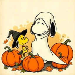 A vintage Halloween illustration featuring Snoopy and Woodstock