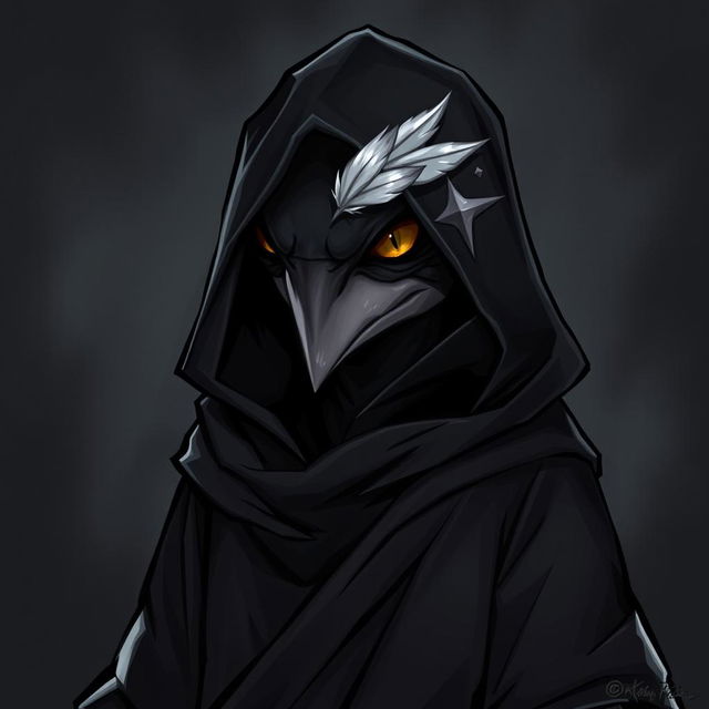 A Kenku Necromancer wearing a black tunic with a hood