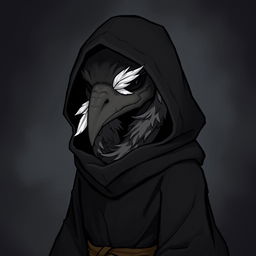 A Kenku Necromancer wearing a black tunic with a hood