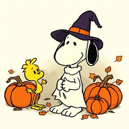 A vintage Halloween illustration featuring Snoopy and Woodstock