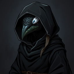 A Kenku Necromancer wearing a black tunic with a hood