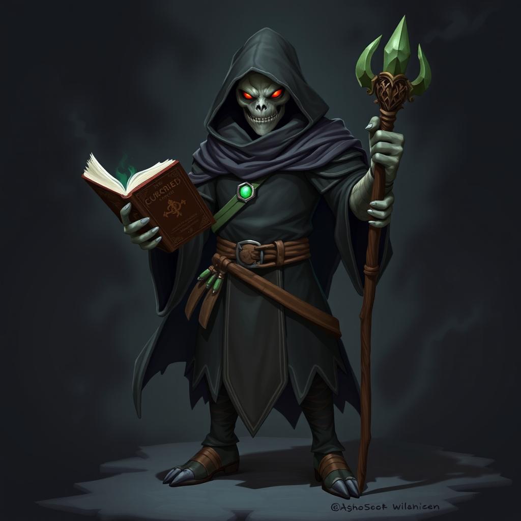 A heroic Kenku Necromancer dressed in a black tunic with a hood, holding a cursed book in one hand and a magician's staff in the other