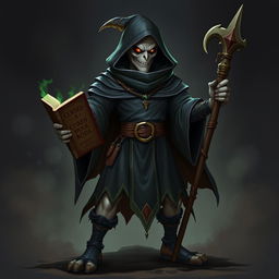 A heroic Kenku Necromancer dressed in a black tunic with a hood, holding a cursed book in one hand and a magician's staff in the other