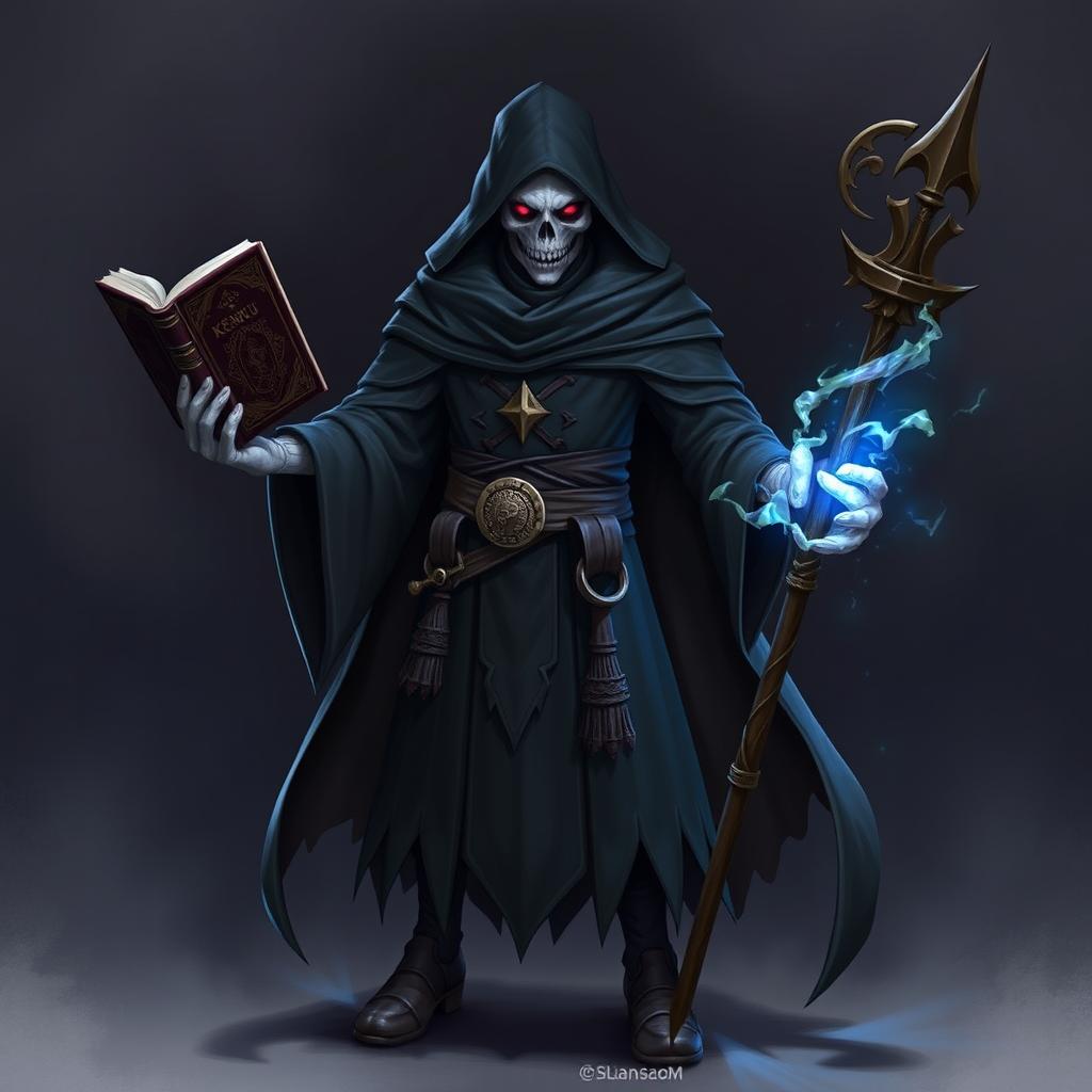 A heroic Kenku Necromancer dressed in a black tunic with a hood, holding a cursed book in one hand and a magician's staff in the other