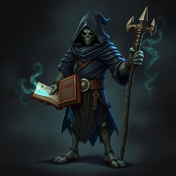 A heroic Kenku Necromancer dressed in a black tunic with a hood, holding a cursed book in one hand and a magician's staff in the other