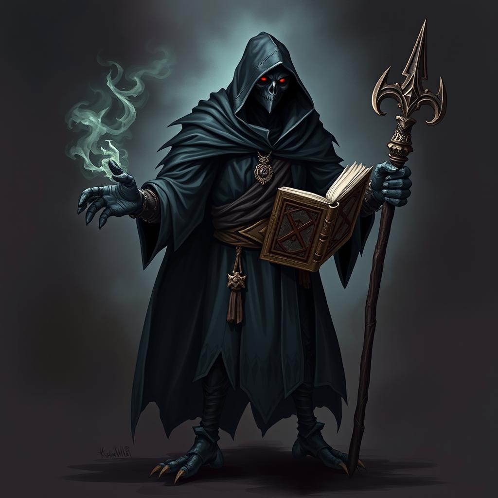 A heroic Raven Necromancer dressed in a black tunic with a hood, holding a cursed book in one hand and a magician's staff in the other