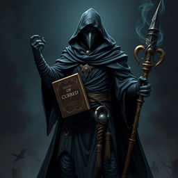 A heroic Raven Necromancer dressed in a black tunic with a hood, holding a cursed book in one hand and a magician's staff in the other