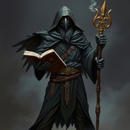 A heroic Raven Necromancer dressed in a black tunic with a hood, holding a cursed book in one hand and a magician's staff in the other