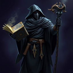 A heroic Raven Necromancer dressed in a black tunic with a hood, holding a cursed book in one hand and a magician's staff in the other