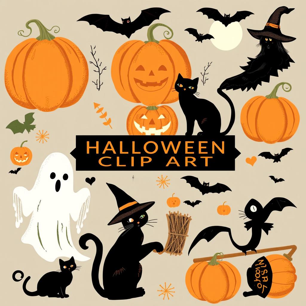 A collection of vintage Halloween clip art featuring classic elements such as pumpkins, black cats, witches, ghosts, and bats