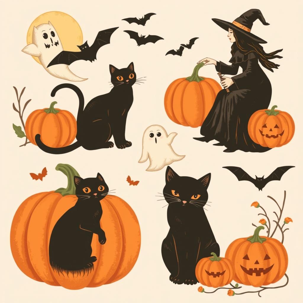 A collection of vintage Halloween clip art featuring classic elements such as pumpkins, black cats, witches, ghosts, and bats