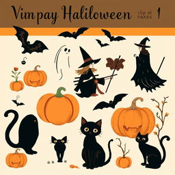 A collection of vintage Halloween clip art featuring classic elements such as pumpkins, black cats, witches, ghosts, and bats