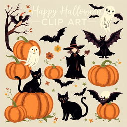 A collection of vintage Halloween clip art featuring classic elements such as pumpkins, black cats, witches, ghosts, and bats