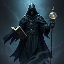 A heroic Raven Necromancer dressed in a black tunic and hood, holding a cursed book and a magician's staff with a crystal ball at the top