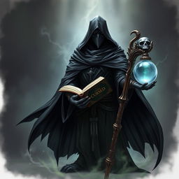 A heroic Raven Necromancer dressed in a black tunic and hood, holding a cursed book and a magician's staff with a crystal ball at the top