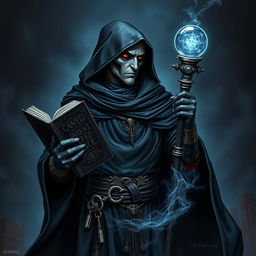 A heroic Raven Necromancer dressed in a black tunic and hood, holding a cursed book and a magician's staff with a crystal ball at the top