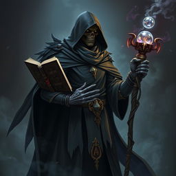 A heroic Raven Necromancer dressed in a black tunic and hood, holding a cursed book and a magician's staff with a crystal ball at the top