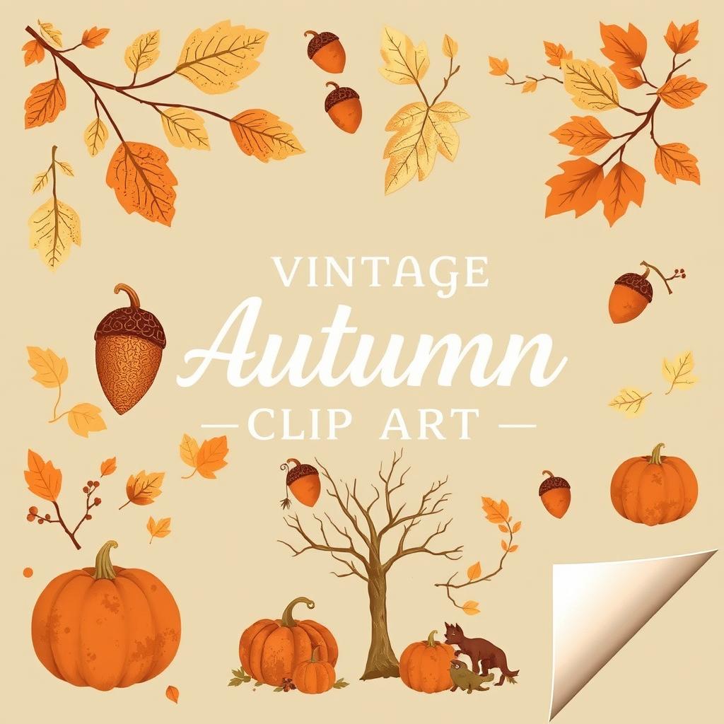 A collection of vintage autumn clip art featuring classic elements such as falling leaves, acorns, pumpkins, and cozy scenes