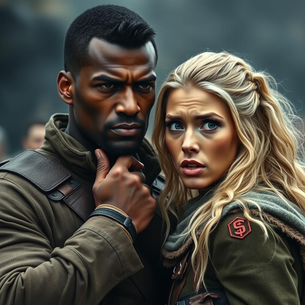 A handsome dark-skinned man holding the chin of a very blonde woman, both dressed in battle attire