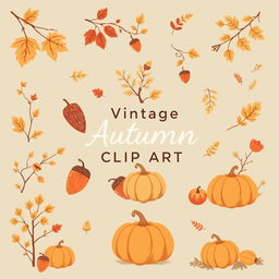 A collection of vintage autumn clip art featuring classic elements such as falling leaves, acorns, pumpkins, and cozy scenes