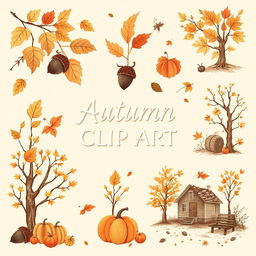 A collection of vintage autumn clip art featuring classic elements such as falling leaves, acorns, pumpkins, and cozy scenes