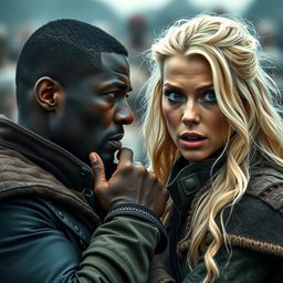 A handsome dark-skinned man holding the chin of a very blonde woman, both dressed in battle attire