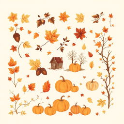 A collection of vintage autumn clip art featuring classic elements such as falling leaves, acorns, pumpkins, and cozy scenes