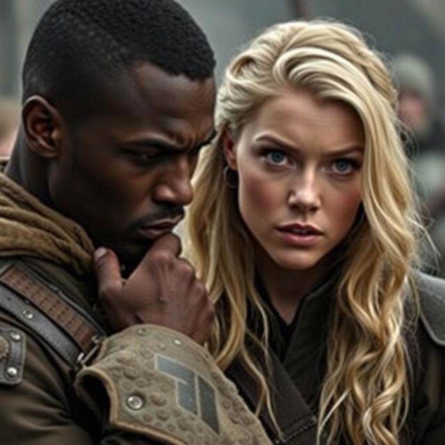 A handsome dark-skinned man holding the chin of a very blonde woman, both dressed in battle attire