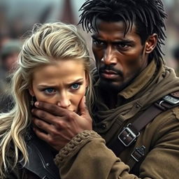 A handsome dark-skinned man holding the chin of a very blonde woman, both dressed in battle attire