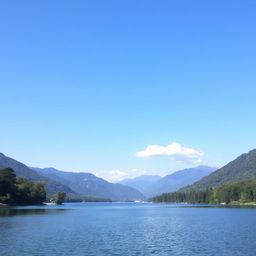 A serene landscape featuring a calm lake surrounded by lush green trees and mountains in the distance under a clear blue sky with a few fluffy white clouds