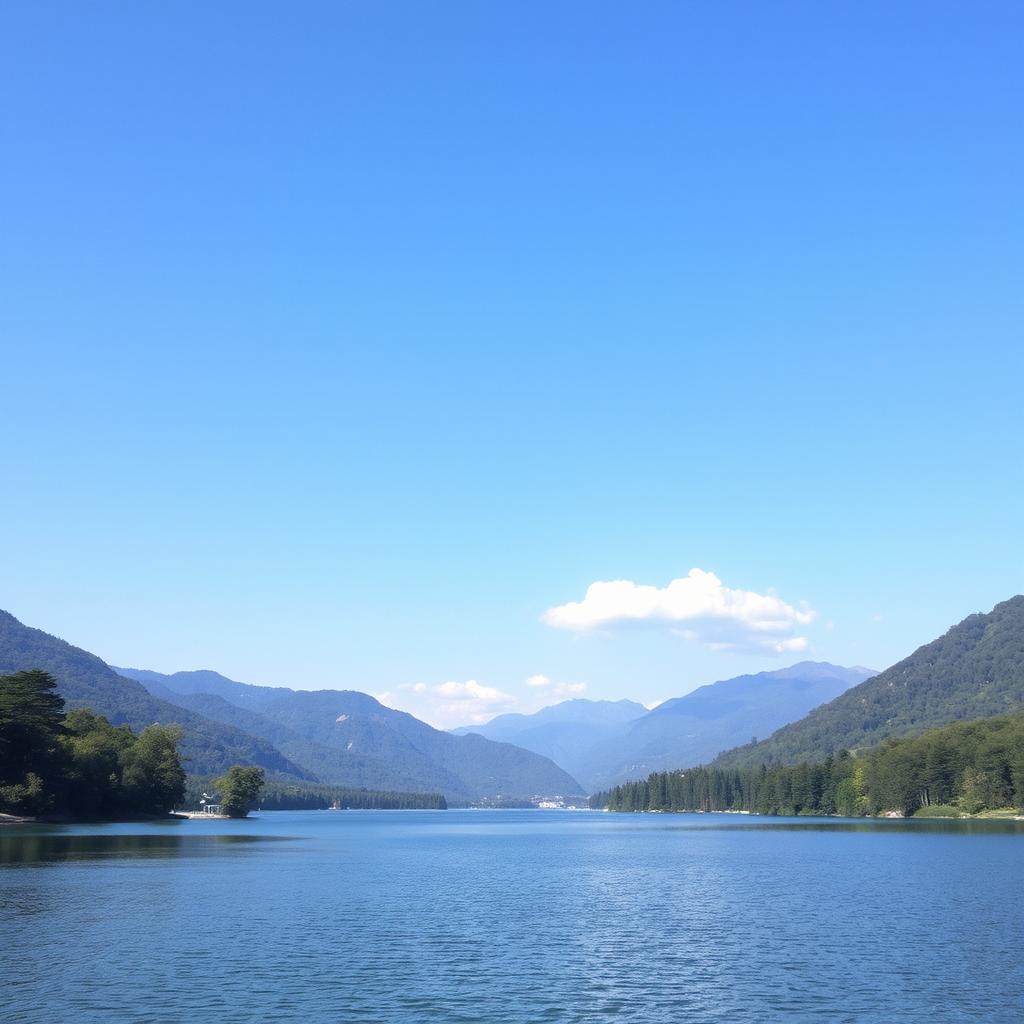 A serene landscape featuring a calm lake surrounded by lush green trees and mountains in the distance under a clear blue sky with a few fluffy white clouds