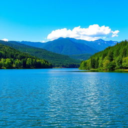 A serene landscape featuring a calm lake surrounded by lush green trees and mountains in the distance under a clear blue sky with a few fluffy white clouds