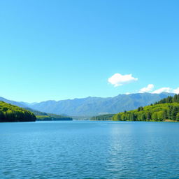 A serene landscape featuring a calm lake surrounded by lush green trees and mountains in the distance under a clear blue sky with a few fluffy white clouds