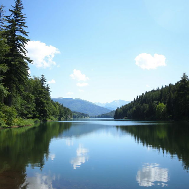 A serene landscape featuring a calm lake surrounded by lush green trees and mountains in the distance under a clear blue sky with a few fluffy white clouds