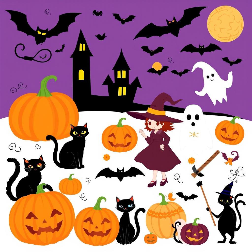 A collection of 1950s style Halloween clip art featuring elements such as pumpkins, black cats, witches, ghosts, and bats