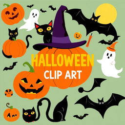 A collection of 1950s style Halloween clip art featuring elements such as pumpkins, black cats, witches, ghosts, and bats