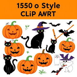 A collection of 1950s style Halloween clip art featuring elements such as pumpkins, black cats, witches, ghosts, and bats