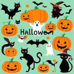 A collection of 1950s style Halloween clip art featuring elements such as pumpkins, black cats, witches, ghosts, and bats