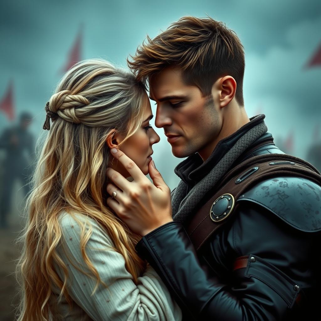 A handsome man with brown hair holding the chin of a blonde woman, both dressed in battle attire