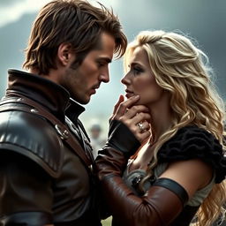 A handsome man with brown hair holding the chin of a blonde woman, both dressed in battle attire