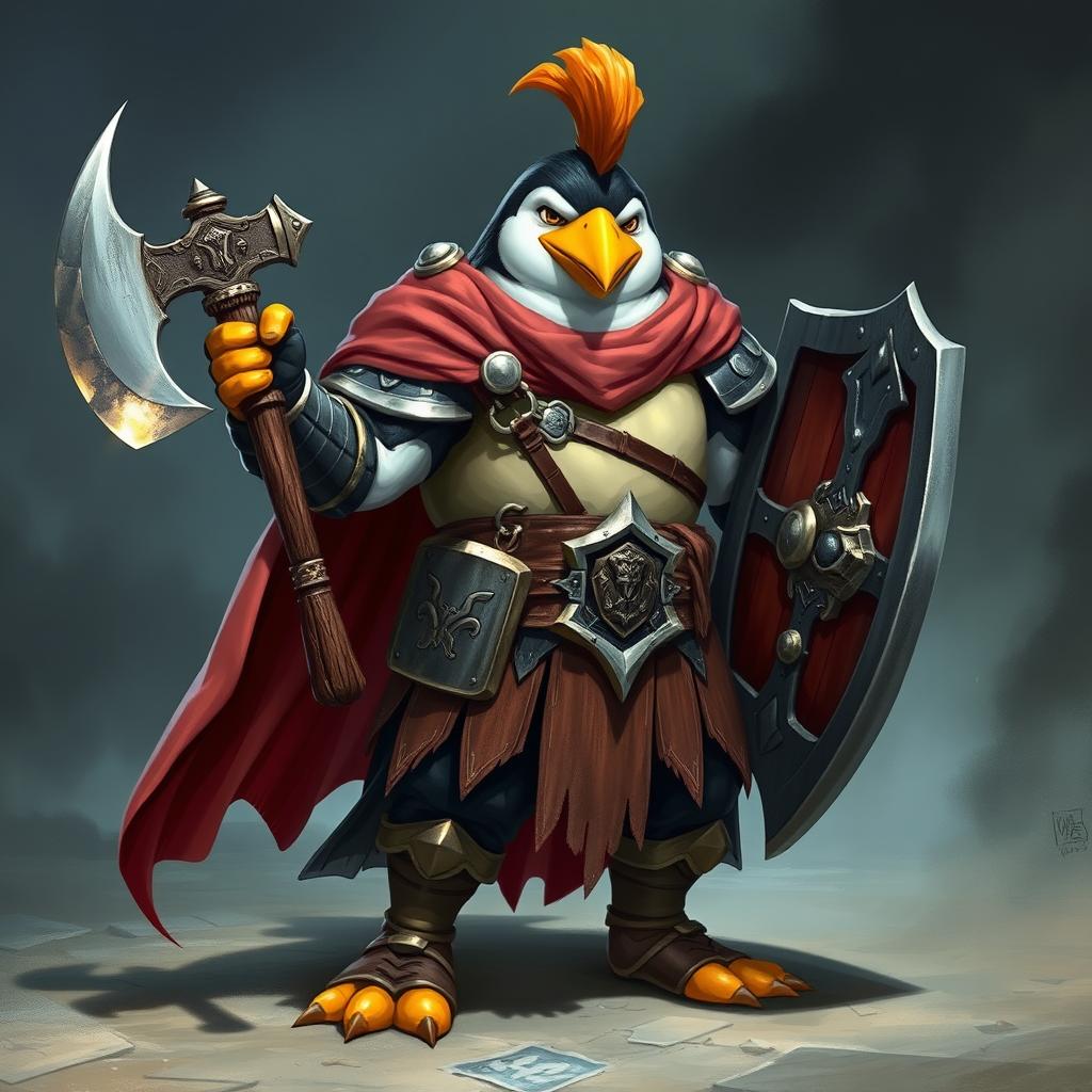 A very strong hero Penguin Cleric wielding an axe and a shield