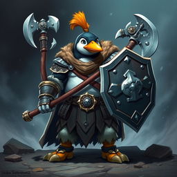 A very strong hero Penguin Cleric wielding an axe and a shield