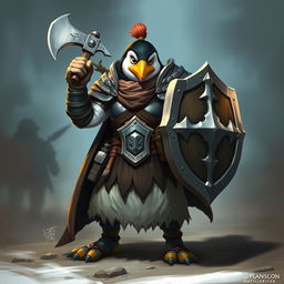 A very strong hero Penguin Cleric wielding an axe and a shield