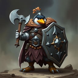 A very strong hero Penguin Cleric wielding an axe and a shield