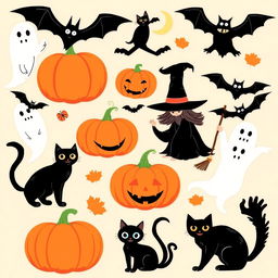 A collection of vintage 1950s Halloween clip art featuring classic elements such as pumpkins, black cats, witches, ghosts, and bats