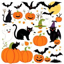 A collection of vintage 1950s Halloween clip art featuring classic elements such as pumpkins, black cats, witches, ghosts, and bats