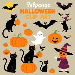 A collection of vintage 1950s Halloween clip art featuring classic elements such as pumpkins, black cats, witches, ghosts, and bats